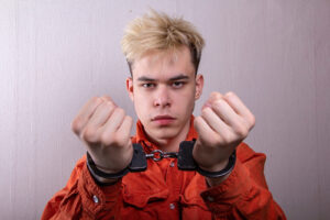 A handcuffed teenager with an angry expression representing the article's topic about A Guide to California’s Division of Juvenile Justice