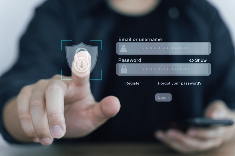 Concept of data network security, prevention of online identity theft, and user authentication via username and password login displayed on a visual interface.