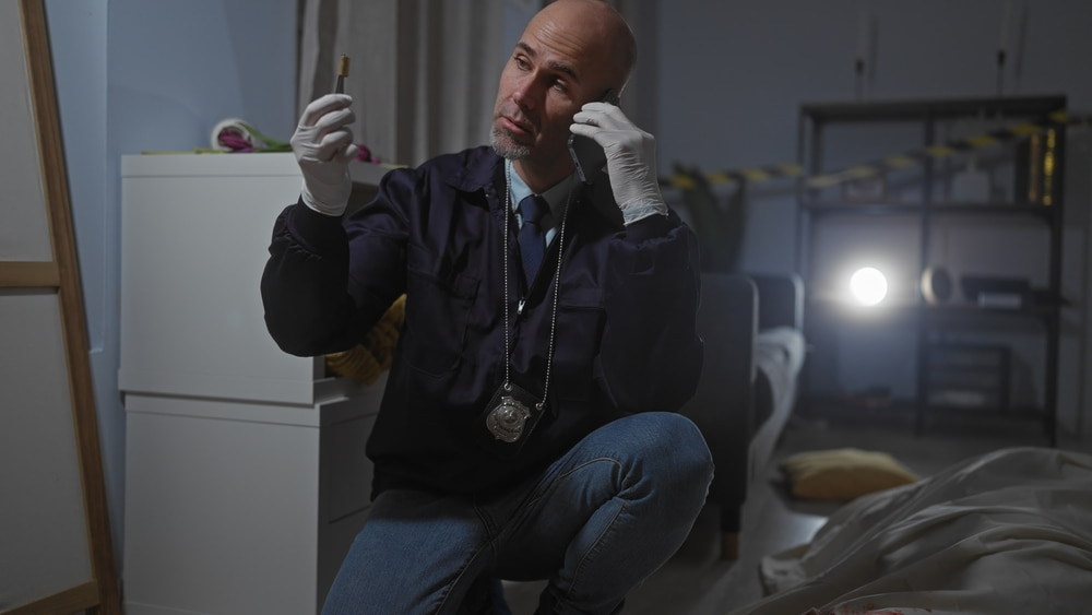 detective analyzing evidence while on a phone call during a night-time crime scene illustrating article about Motion to Suppress Evidence California – Penal Code 1538.5