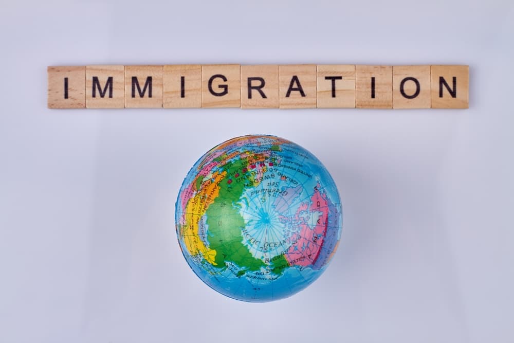 Word immigration written on wooden cubes and world globe.