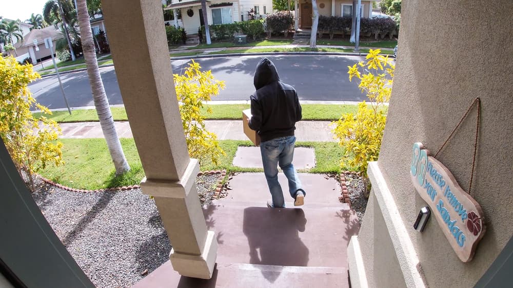 Package thief caught on video doorbell system stealing a box delivery from the front step of a suburban home