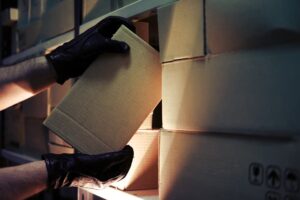 Thief hands with gloves steal a box of goods in a warehouse in the dark.